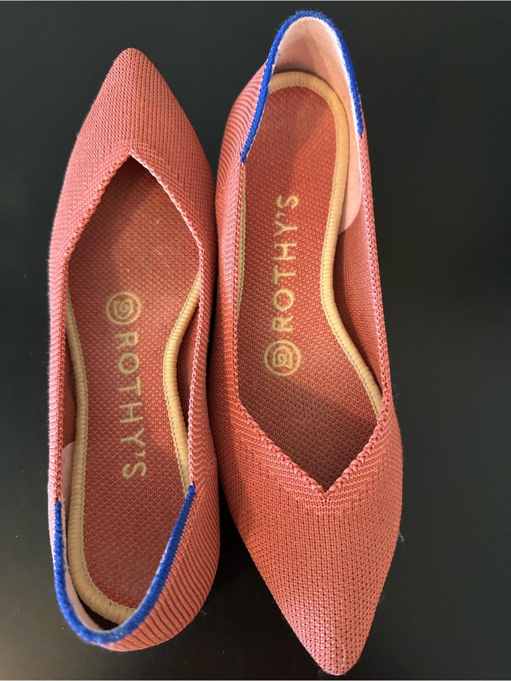 Rothy's Pointed Knit Flats in Terracotta with Blue Trim